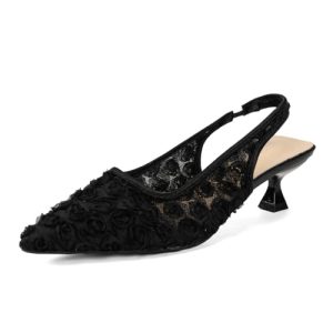 Elegant Lace Kitten Heels for Women - Slingback Pointed Toe Floral Mesh Dress Shoes - Low Heel Formal Wedding Guest Party