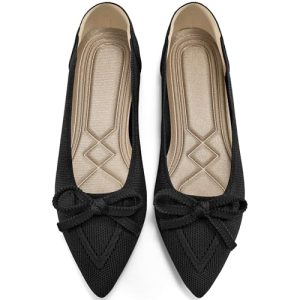 Ballet Flats Shoes for Women: Dressy Pointed Toe Bow Knit Flats Comfortable Slip On Work Business Shoes for Driving Dating